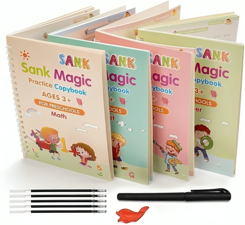 Magic Practice Copybook Set for Kids | 4 Books + 1 Pen + 10 Refills + Grip Writing Tracing Kit