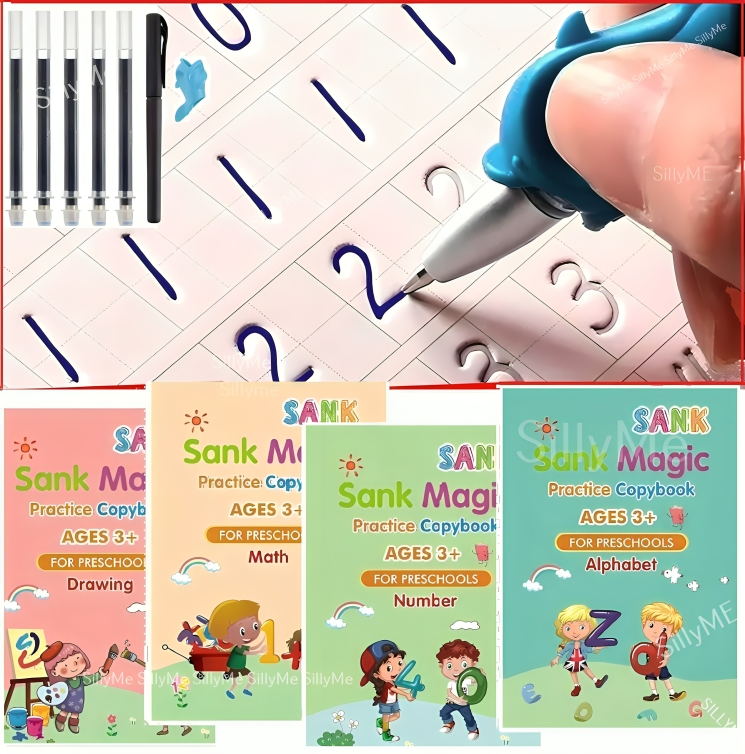 Magic Practice Copybook Set for Kids | 4 Books + 1 Pen + 10 Refills + Grip Writing Tracing Kit