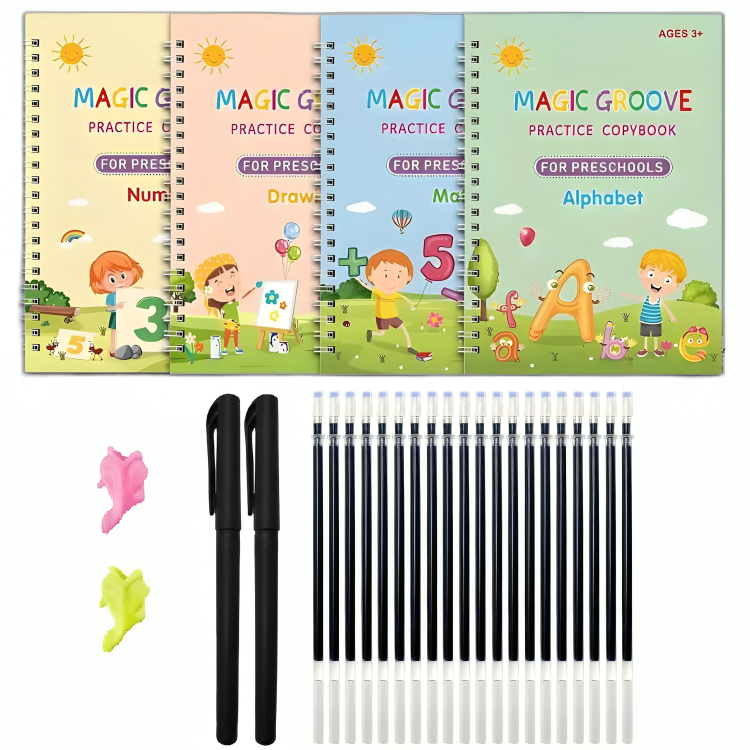 Magic Practice Copybook Set for Kids | 4 Books + 1 Pen + 10 Refills + Grip Writing Tracing Kit